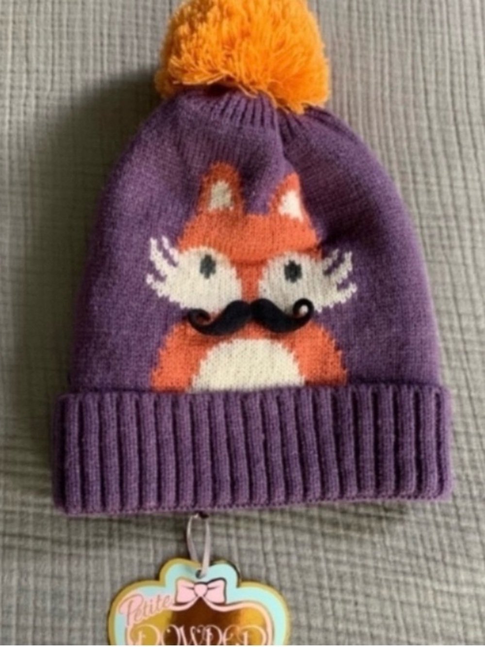 NWT Kids Purple Fox Pom-Pom Knitted Faux Fur Lining Beanie Hat